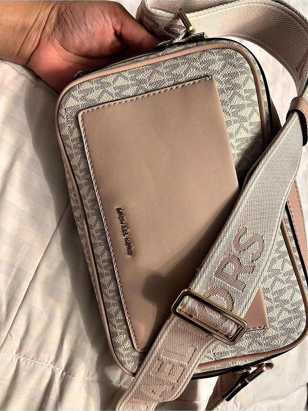 Michael Kors Jet Set Small Signature Logo Camera Crossbody Bag Pink & Brown